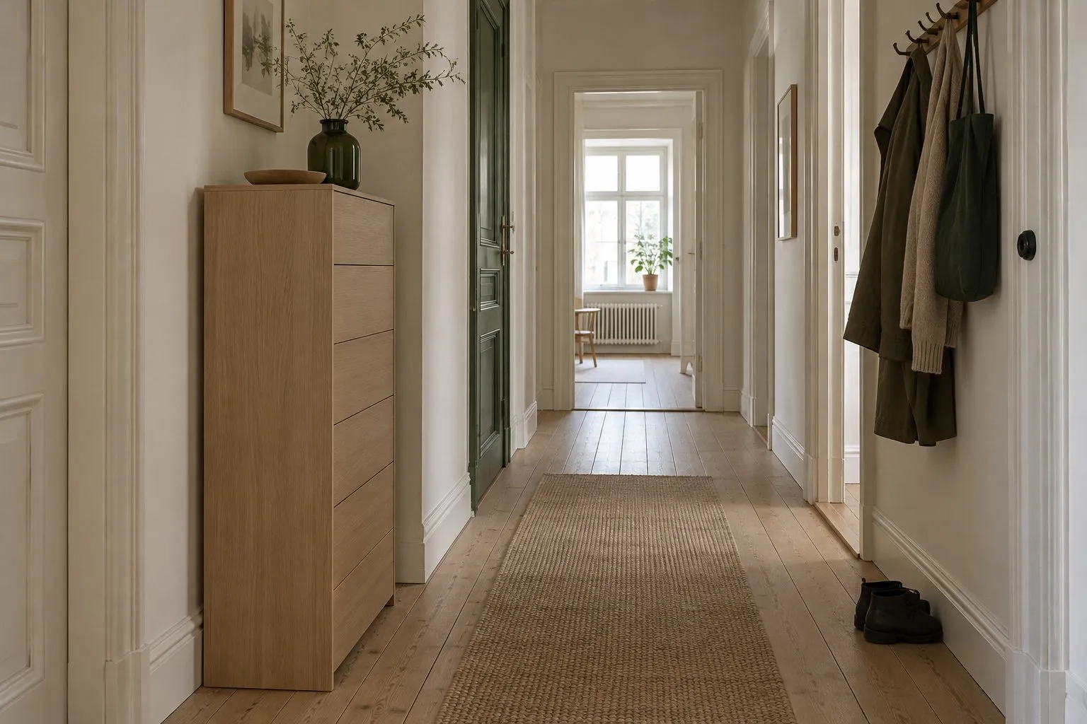 Symbolbild: langer, schmaler Altbauflur mit Dielenboden, an der Wand eine hohe, schmale Kommode in hellem Holz, daneben ein freier Laufweg mit Läufer