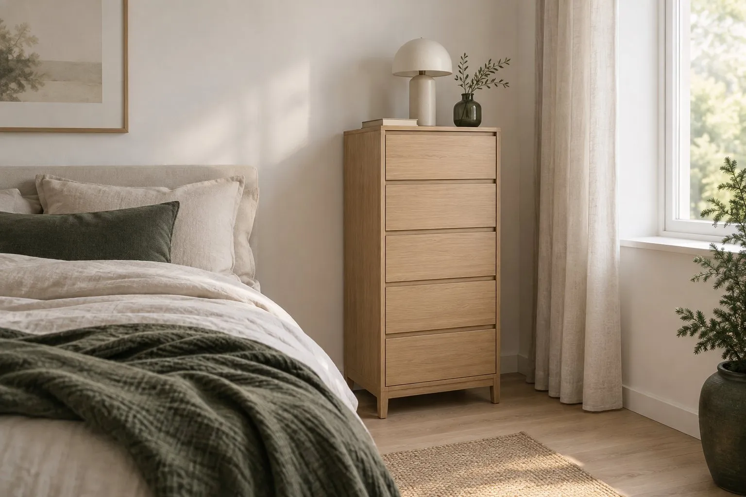 Symbolbild: Schlafzimmer mit einer hohen, schmalen Holzkommode neben dem Bett